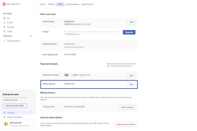 Billing - Change billing details N
