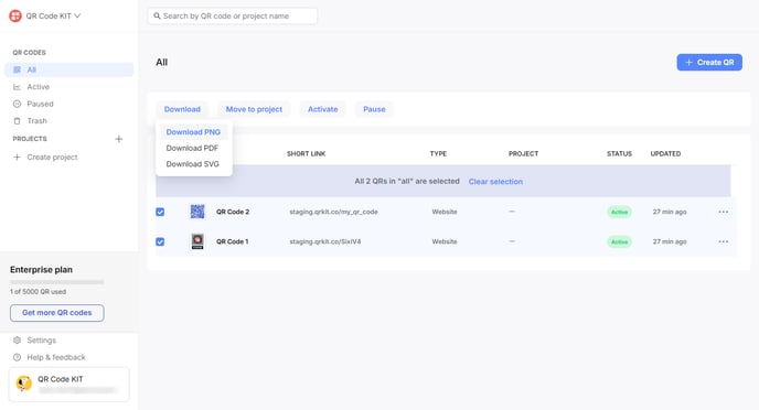 Dashboard - Bulk download QR